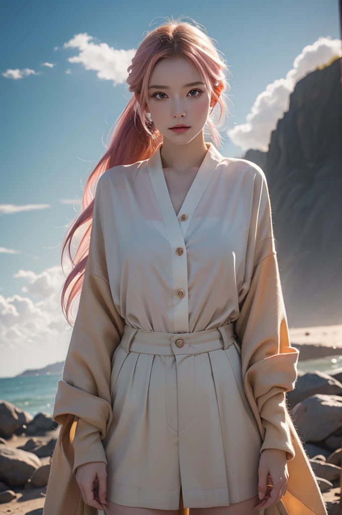 (masterpiece), anime, (photograph_(Moderate):1.0), Antonio J.. Manzanado, Jeremy Lipking, One girl, lightning, In a surreal landscape, Watercolor style, Strokes, Button unbuttoned, Orange eyes, ponytail, Pink Hair, cyber punk, kimono