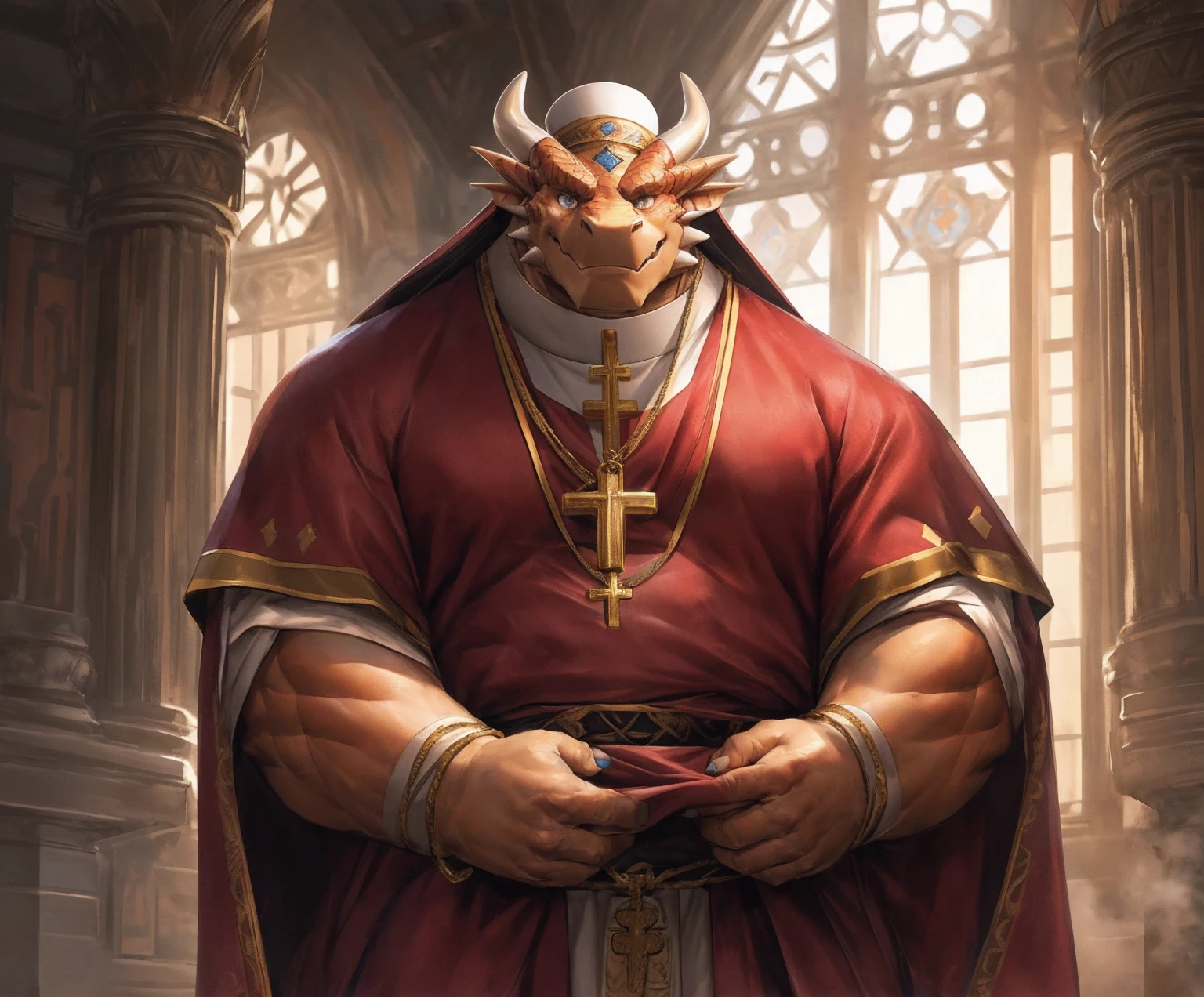 human nature, cannon, male, solitary, ((the strong,Handsome)), (dragon),((Traditional Catholic Pope outfit,西方dragondragon角)), standing,((Traditional Catholic style)),Hand in hand cross,high quality, (4K,high quality, high resolution, masterpiece), Front view (close up), cartoon,by lindong