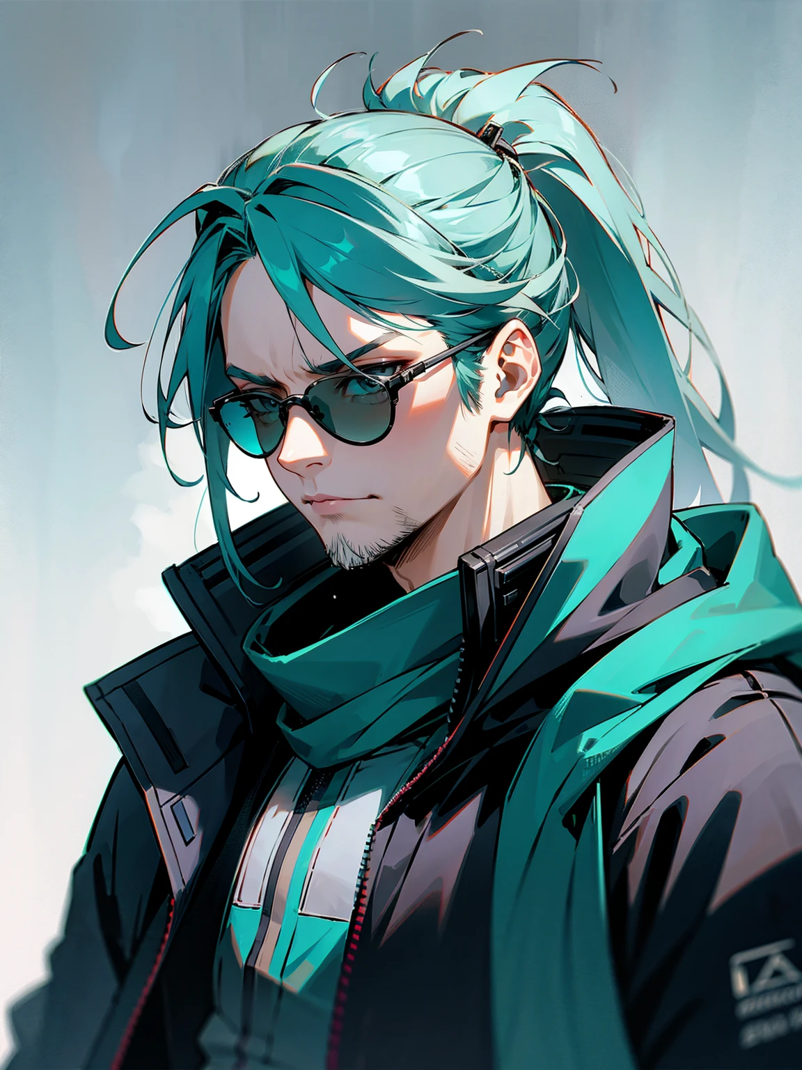 1male, adult, grey eyes, sunglasses, teal hair, messy hair, pony tail, long hair, scarf, headphones, techwear, snow, serious, stubble, lean build