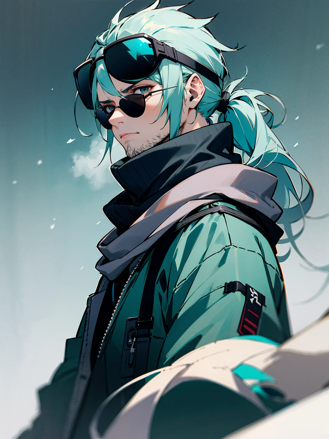 1male, adult, grey eyes, sunglasses, teal hair, messy hair, pony tail, long hair, scarf, headphones, techwear, snow, serious, stubble, lean build