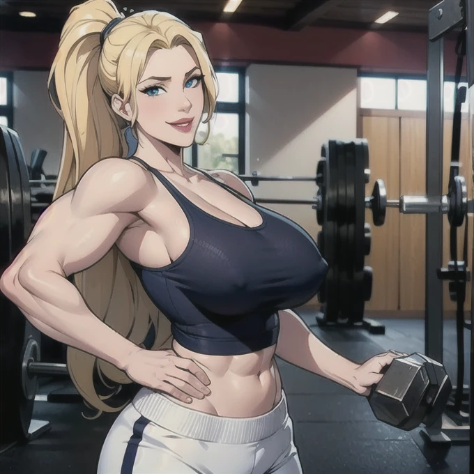 1girl, solo, straight hair, long hair, blonde hair, blonde hair, blue eyes, high ponytail, mature female, milf, motherly, lips, muscular, sports bra, gym shorts, holding dumbbell, gym, smile, hand on hip, looking at viewer