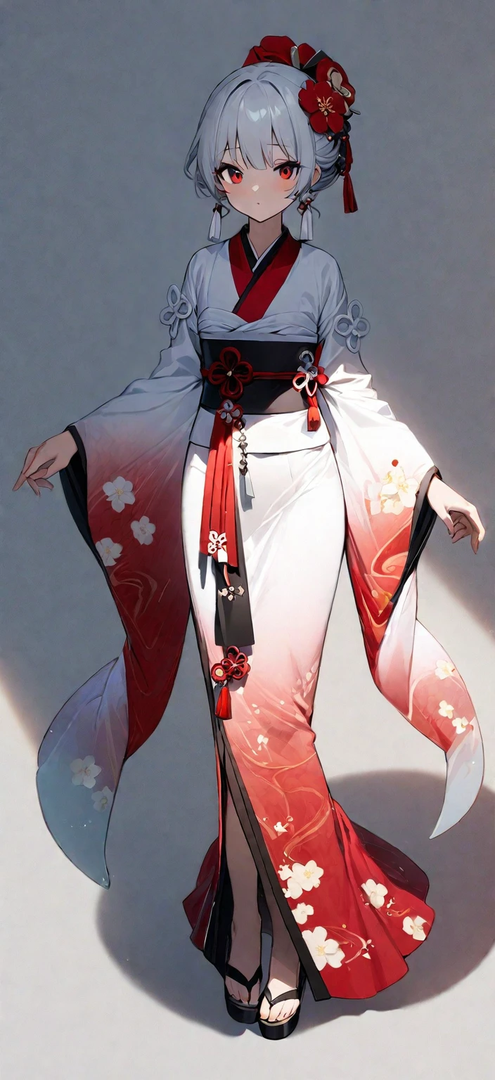 ((masterpiece, Highest quality)), (One girl), (alone)、Older sister in her late 20s, Red Hair、Character portrait、Plum blossom accessories、Red kimono、White background、Long white hair、Red eyes