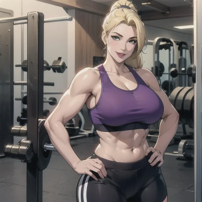 1girl, solo, straight hair, long hair, blonde hair, blonde hair, high ponytail, mature female, milf, motherly, lips, muscular, sports bra, gym shorts, holding dumbbell, gym, smile, hand on hip, looking at viewer