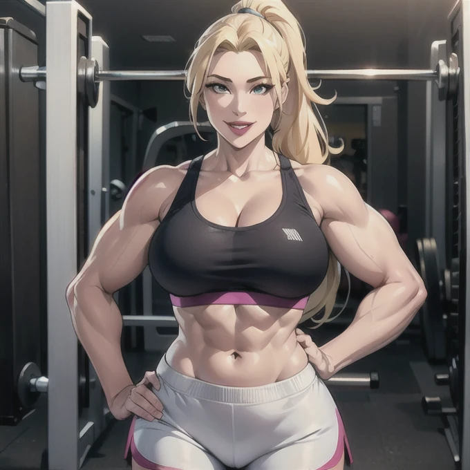 1girl, solo, straight hair, long hair, blonde hair, blonde hair, high ponytail, mature female, milf, motherly, lips, muscular, sports bra, gym shorts, holding dumbbell, gym, smile, hand on hip, looking at viewer