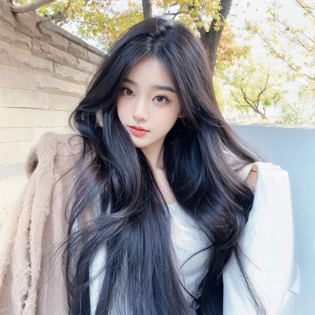 Middle-parted bangs,Black long curly hair,Beautiful maple tree background on the road,Natural and beautiful hair