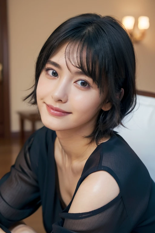 (award winning, 8k, super detailed, high resolution, best quality, photography, perfect anatomy), 1girl, solo, 20 years old girl, beautiful girl, beautiful eyes, detailed eyes, (black eye), Wear a navy blue see-through blouse, short hair, black hair, sitting in lounge, POV, coy smile, ((upper body portrait)), chill atmosphere