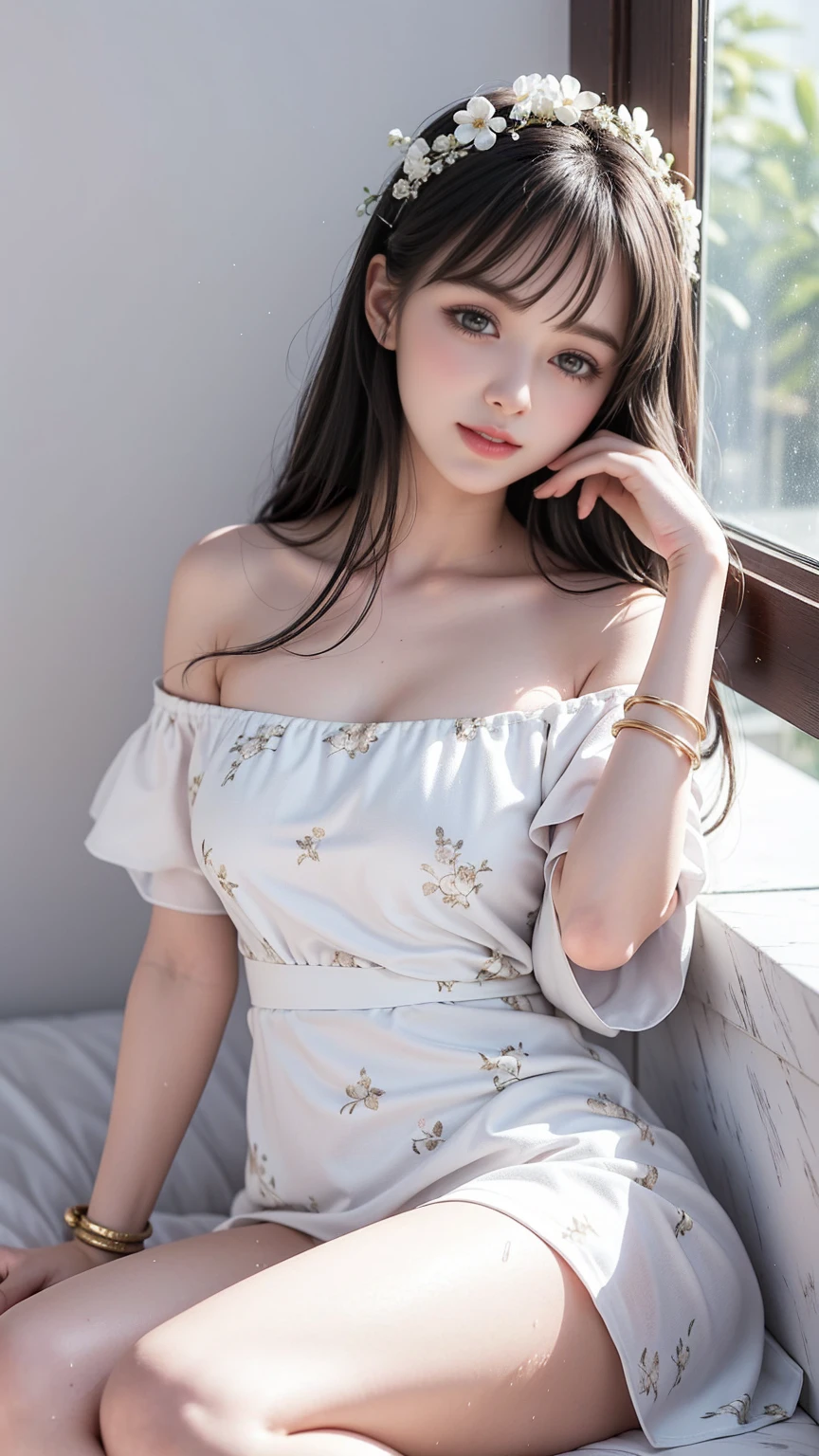 (Girl lying in spacious bathroom)、Beauty、One personの少女、One person、Long Hair、Viewer、smile、(目をclose)、hair ornaments、gem、Grey Hair、口をclose、Bangs、bracelet、lips、Gray Eyes、Portrait、Red nails、close、赤いlips、Put your hands on your face、Place your hand on your cheek、()、(Shiny Skin)、((Outside the window is the Milky Way))、(Off-the-shoulder floral white dress) Off-shoulder white dress with floral print）、 ),((Girl sleeping with legs slightly open)),((With legs spread)),((White panties are visible)),((Lift-up skirt))、((She&#39;s wet)),