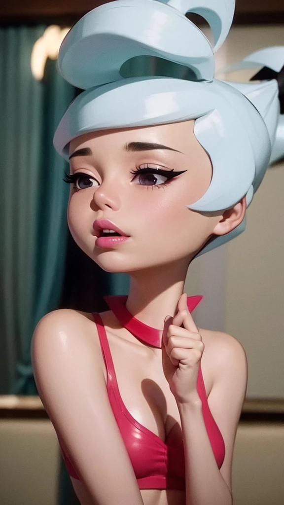 judy jetson, kissing, in hotel room, yandere, more detailed in hand, Fujifilm, Nikon, close-up, 16k, 8k, highres, best quality, award winning, high quality, high details, super detail, textured skin, anatomically correct, masterpiece
