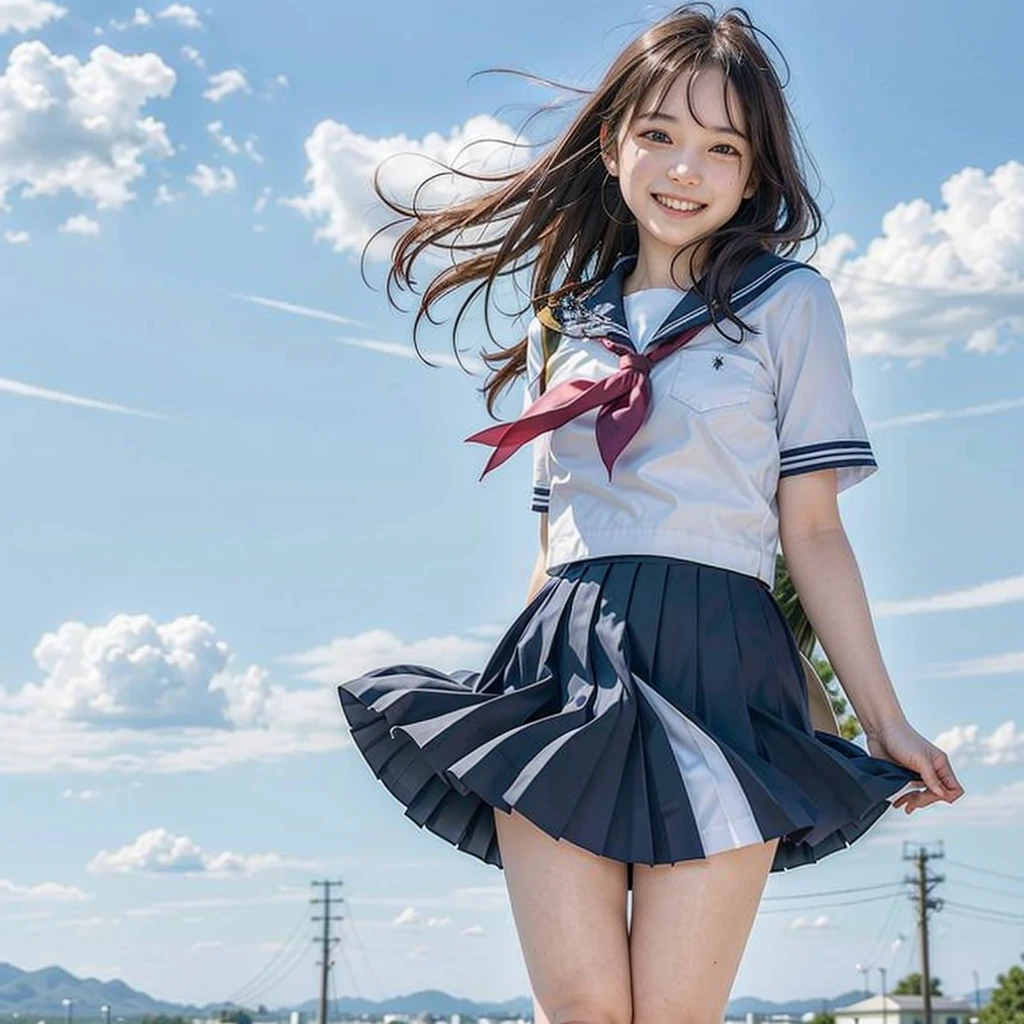 (8K, Highest quality, masterpiece:1.2), (Realistic, photo-Realistic:1.37), Ultra-detailed, 1 Girl, alone, (Her skirt flutters in the wind, exposing her panties),Beautifully detailed skies, (smile:1.2), (Grin), Beautiful and fine details, Floating hair,(seifuku:1), stockings, whole body,street,thin、A girl talking、looking at the camera、