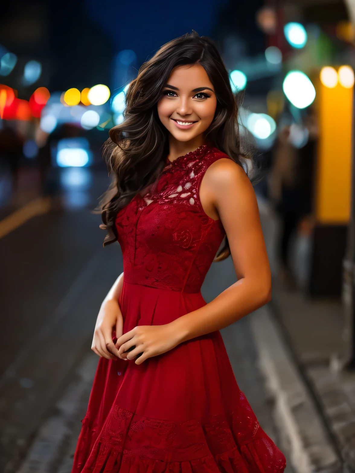 Beautiful young woman, dark hair, fair skin, smiling, wearing tango dress, Buenos Aires street background. High-definition, high-detail.