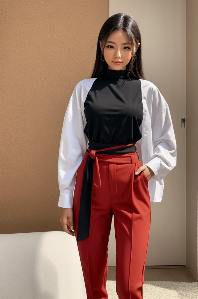 Woman wearing a shirt that splits in half dish to the waist