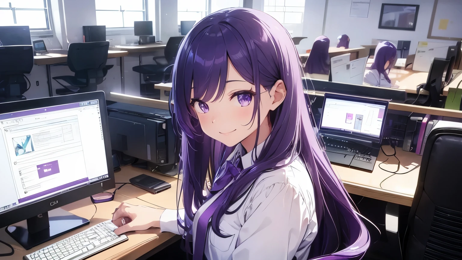 Using a computer, cheerful, smiling, one cute girl, dress shirt, no exposure, purple hair, semi-long, looking at the camera, bright computer room, person positioned on the right, illustration, no cut-off