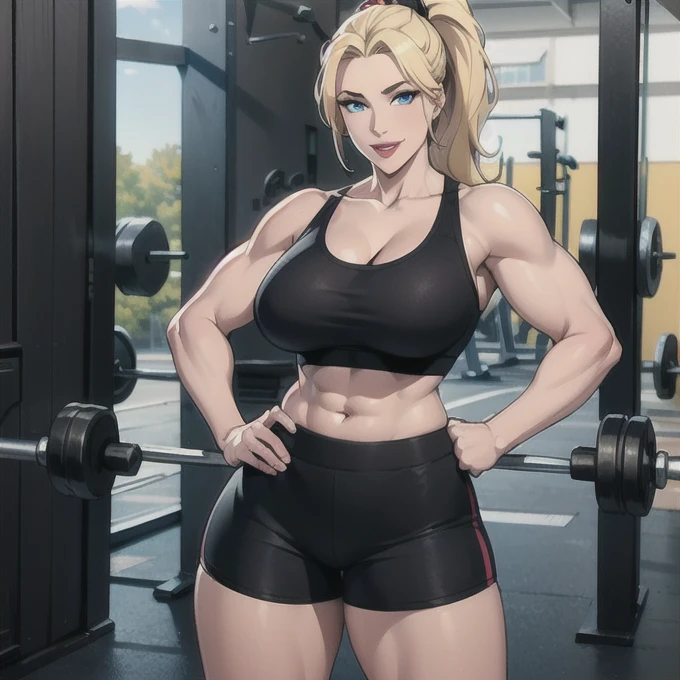 1girl, solo, straight hair, long hair, blonde hair, blonde hair, blue eyes, high ponytail, mature female, milf, motherly, lips, muscular, black sports bra, black gym shorts, holding dumbbell, gym, smile, hand on hip, looking at viewer