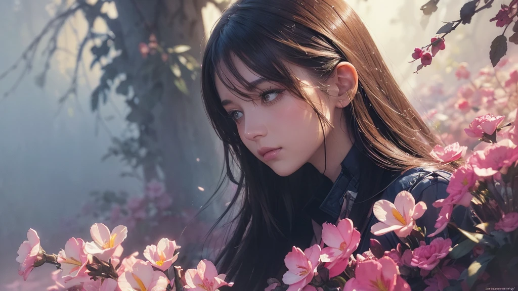 32k, Masterpiece, Highest quality, One girl, Brown Hair, Detailed eyes, flower,Freesia, Pink and navy style,A dreamy, romantic piece,Pale yellow, Mysterious Leaves,A playful arrangement,Fantasy,High Contrast,Ink strokes,explosion,Exposure, Impression of pink and navy tones,Abstract,((Watercolours by John Berkey and Jeremy Mann )) Brush strokes,Negative Space, Tyndall effect,