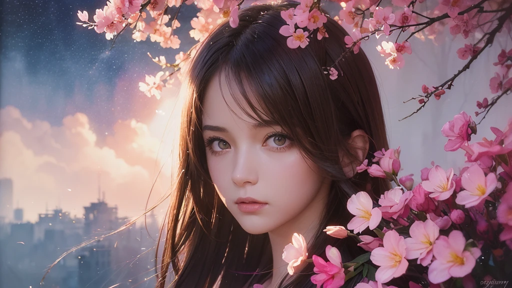 32k, Masterpiece, Highest quality, One girl, Brown Hair, Detailed eyes, flower,Freesia, Pink and navy style,A dreamy, romantic piece,Pale yellow, Mysterious Leaves,A playful arrangement,Fantasy,High Contrast,Ink strokes,explosion,Exposure, Impression of pink and navy tones,Abstract,((Watercolours by John Berkey and Jeremy Mann )) Brush strokes,Negative Space, Tyndall effect,