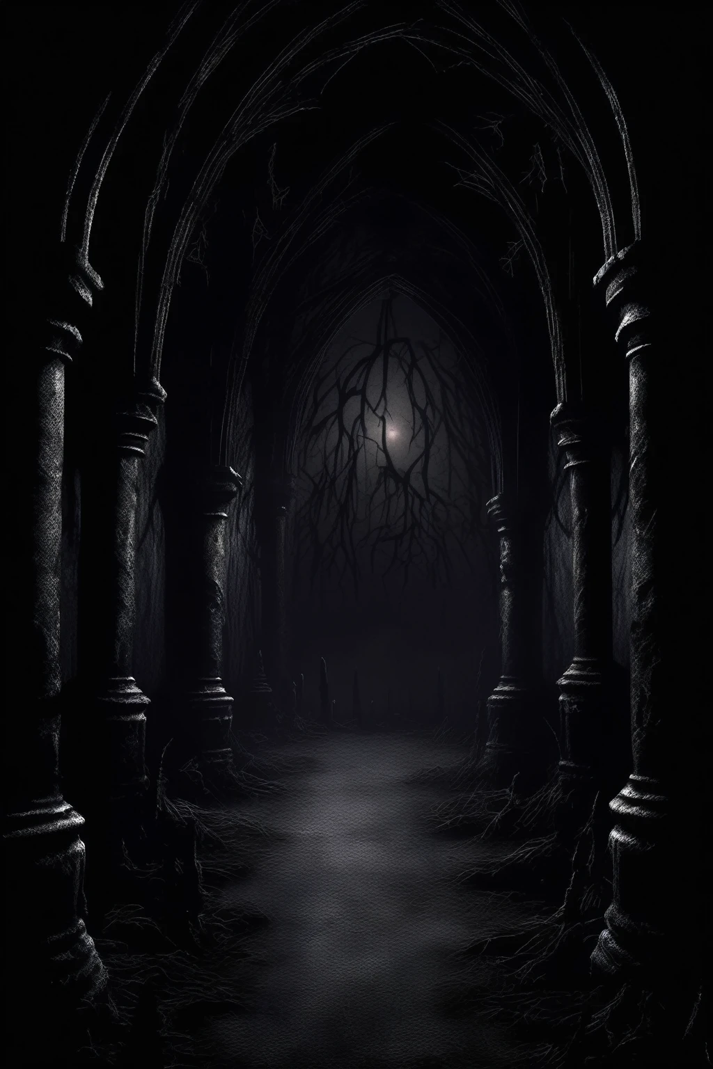 Dark Fantasy - Gothic scene with pure black background with a little horror atmosphere black shadows