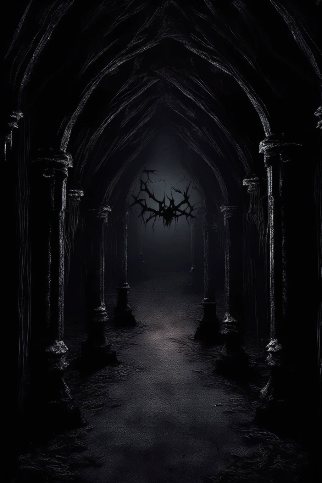 Dark Fantasy - Gothic scene with pure black background with a little horror atmosphere black shadows