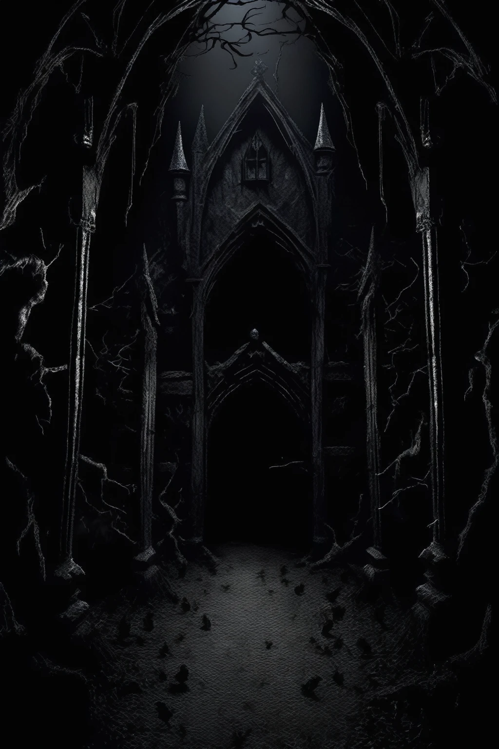 Dark Fantasy - Gothic scene with pure black background with a little horror atmosphere black shadows