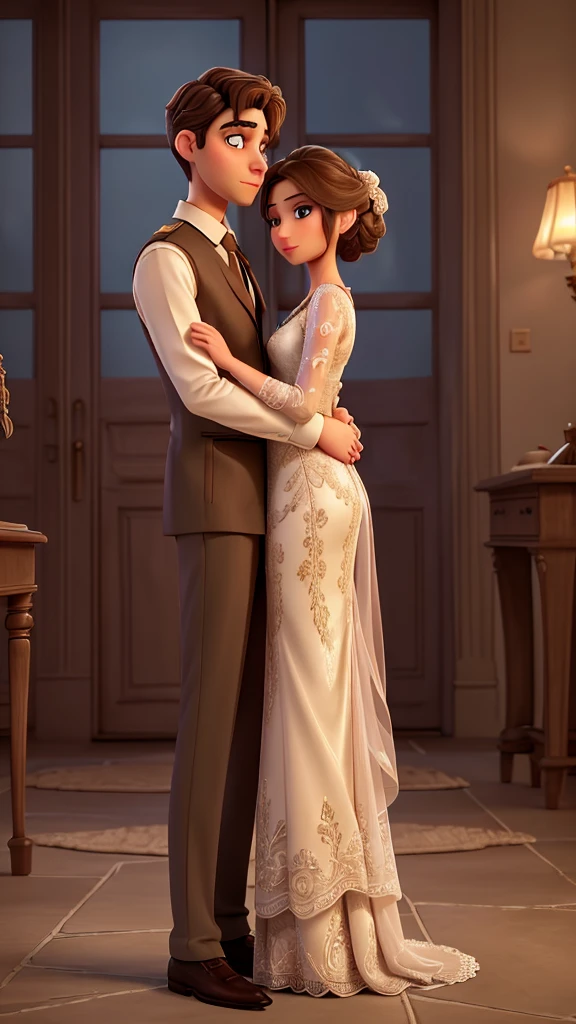 a married couple standing together in a romantic setting, beautiful detailed eyes, beautiful detailed lips, extremely detailed eyes and face, long eyelashes, elegant attire, warm embrace, natural lighting, cinematic composition, muted color palette, dramatic shadows, ultra-detailed, 8k, best quality, masterpiece, photorealistic