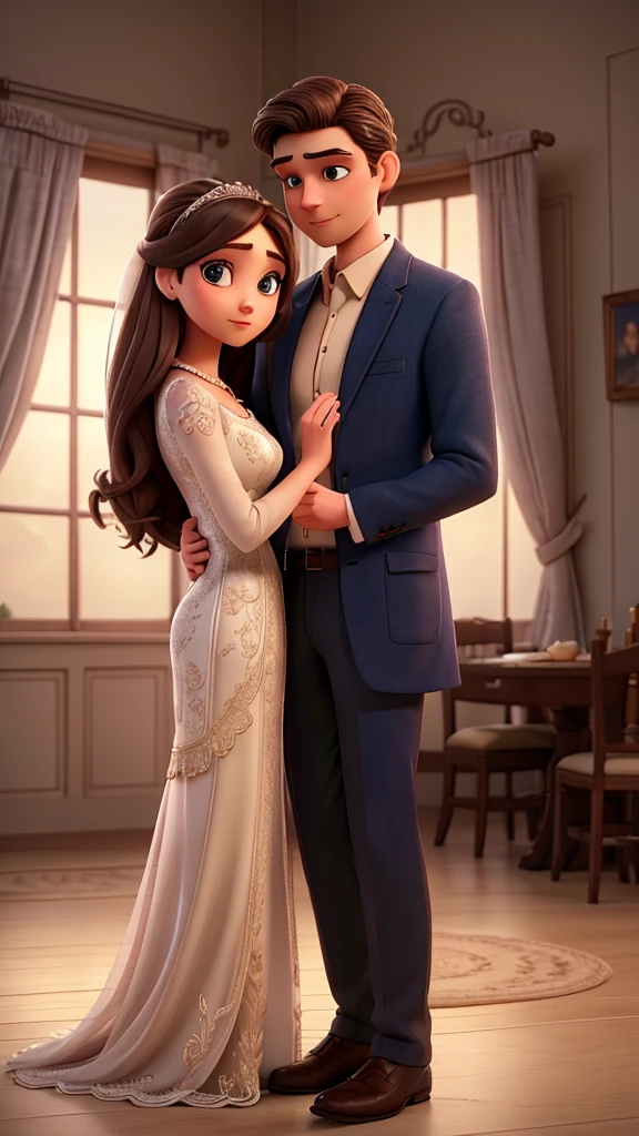 a married couple standing together in a romantic setting, beautiful detailed eyes, beautiful detailed lips, extremely detailed eyes and face, long eyelashes, elegant attire, warm embrace, natural lighting, cinematic composition, muted color palette, dramatic shadows, ultra-detailed, 8k, best quality, masterpiece, photorealistic