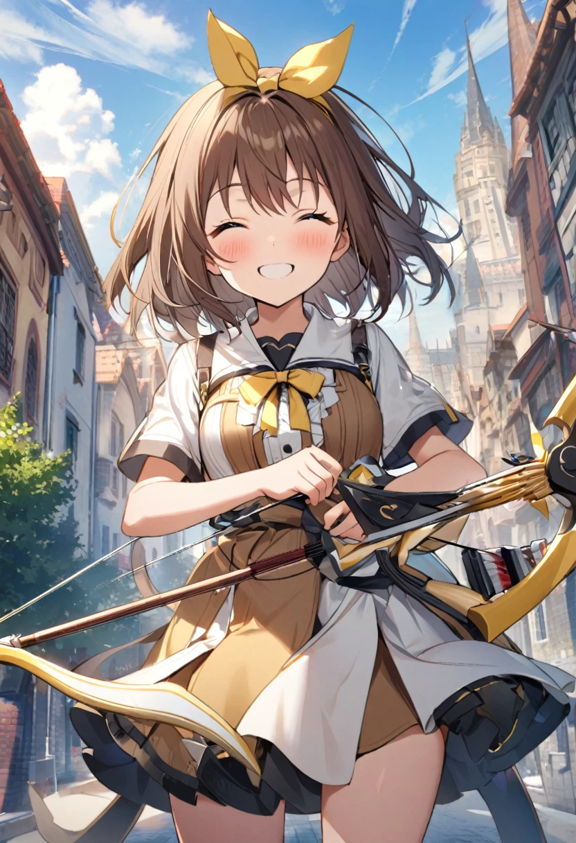 1 girl, alone, broad, blush, SMILE, Brown hair, bow, two tails, Closed eyes, weapon, short sleeves, hair bow, sky, day, blue sky, building, in front of the viewer, yellow bow, bow (weapon), ARROW (projectile)