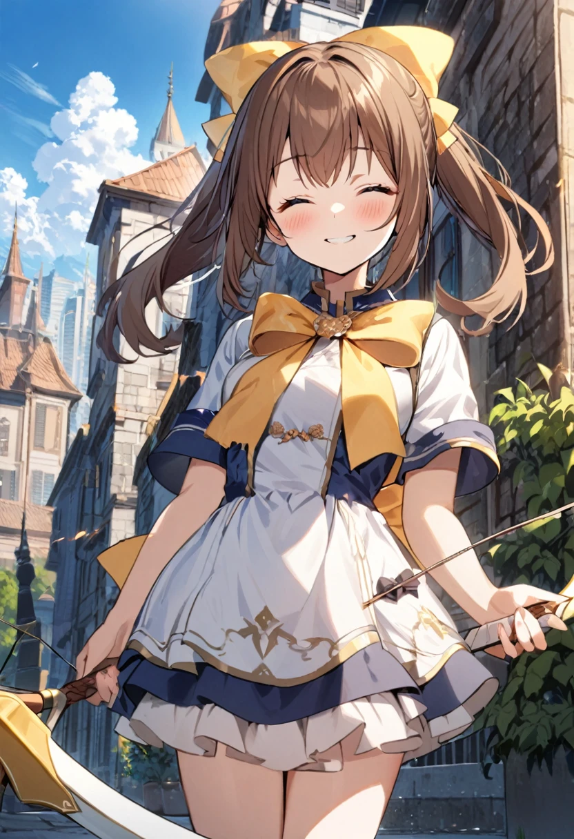 1 girl, alone, broad, blush, SMILE, Brown hair, bow, two tails, Closed eyes, weapon, short sleeves, hair bow, sky, day, blue sky, building, in front of the viewer, yellow bow, bow (weapon), ARROW (projectile)