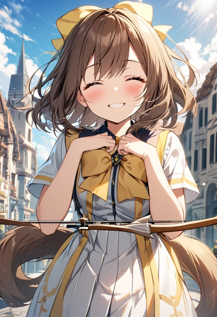 1 girl, alone, broad, blush, SMILE, Brown hair, bow, two tails, Closed eyes, weapon, short sleeves, hair bow, sky, day, blue sky, building, in front of the viewer, yellow bow, bow (weapon), ARROW (projectile)