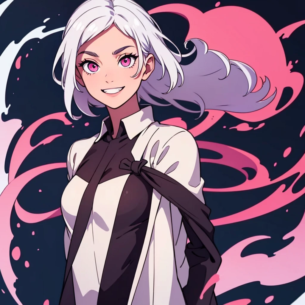 short white hair, highres, high resolution, masterpiece, wide dark pink eyes, looking rightward, talking, grinning, confident, masterpiece, best quality, highres, 1 man, Gojo Satoru jujutsu kaisen, wavy hair, white hair, medium short hair, teenager, colorful hair, light background, full body, teenager, colorful parts, symbols, dark , bold, realistic mixing dark lines and loose lines, bold lines, on paper, human man, full body, imposing pose, stylish outfit, dark theme, beautiful, pretty, modest, standing, male, sharp chin, high cheekbones, white background, highres, high resolution, masterpiece, smile, happy, big smile, teeth showing smile, huge smile, mouth wide open smile