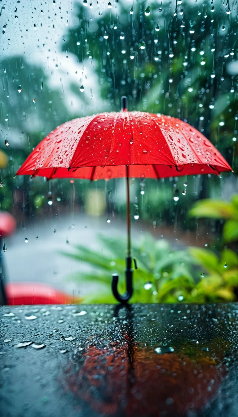 Rainy Day,Water droplets on the glass,Blurry red umbrella