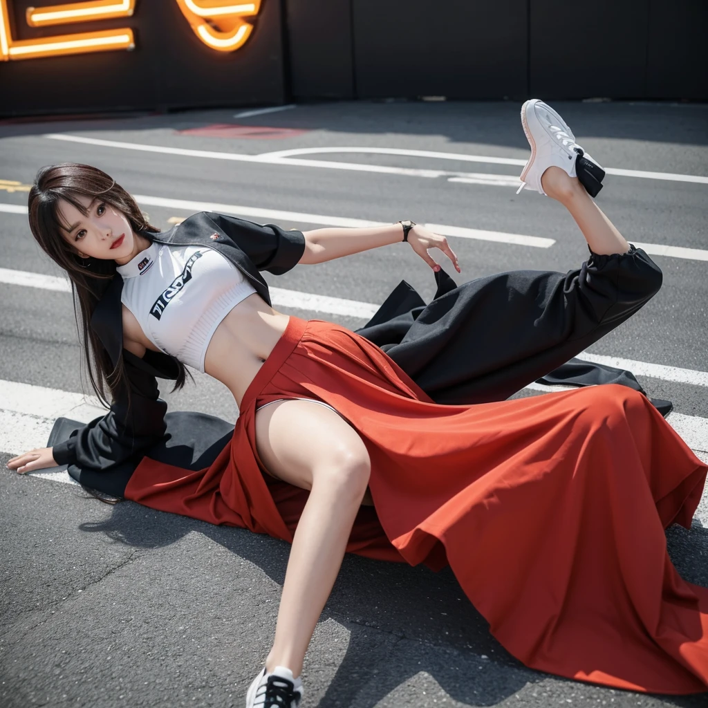 Super detailed photos、Detailed face、Lip gloss、Cool woman、Colorful costumes、F1 Driver Cosplay、Colorful costumes、Clothing with company logo、Grid Girlsのカラフルで派手な衣装、Grid Girls、Perfect Face、Paddock Girls、Harem、motor Show、tights、Bodycon Costumes、Grid Girls、Russia、Grid Girlsのコスプレ、belly button、Pleated skirt、Bodycon Costumes、Legs open pose、Spread your legs to show your crotch