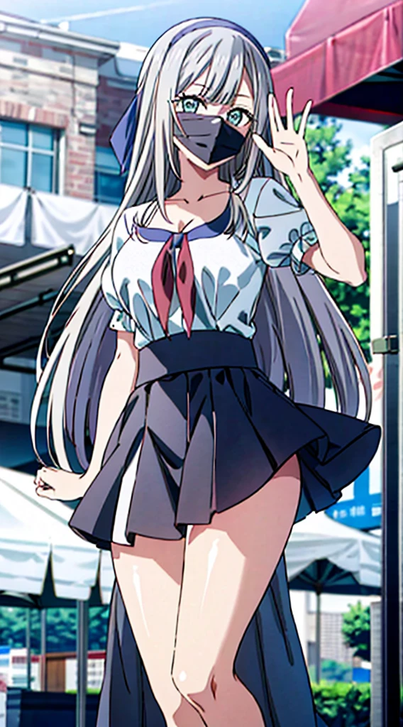 スカート捲り、Without skirt、The skirt is flipped up、Without skirt、White underwear、In underwear、Panties in full view、White panties、 1, 1girl, asahina mikuru, long hair, kita high , solo, short sleeves, red ribbon, large breasts, cowboy shot, waving, outdoors, Underwear in full view、スカート無し
