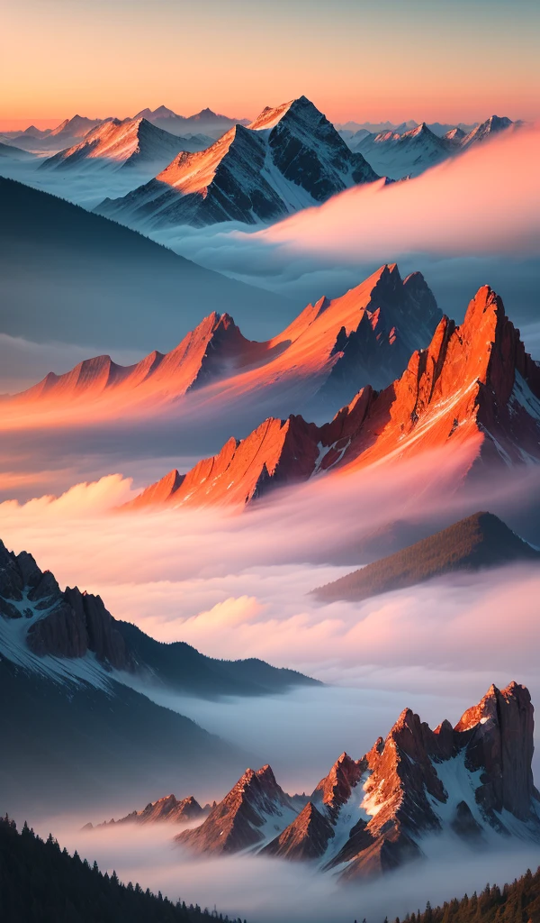 A serene mountain landscape at sunrise with mist rolling over the peaks, the sky painted in hues of orange and pink.