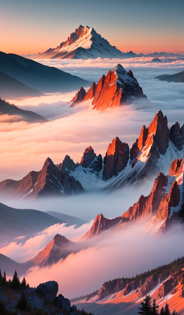 A serene mountain landscape at sunrise with mist rolling over the peaks, the sky painted in hues of orange and pink.