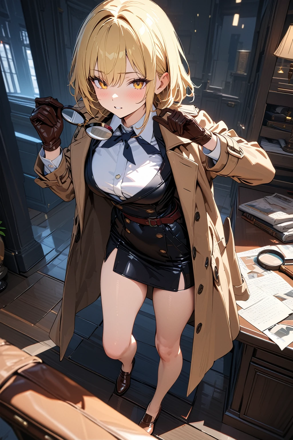 (masterpiece, best quality:1.5), (ultra detailed, high resolution, 8k, beautiful detailed, UHD, best anatomy), blonde hair, flat breasts, 1 sleuth, Trench coat, Fedora hat, business suit, Leather gloves, Leather shoes, Magnifying glass, detective industry