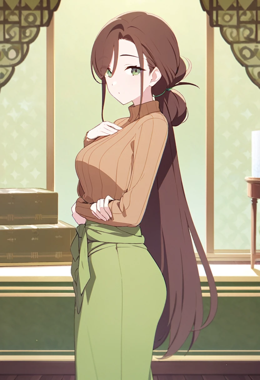 (Tall woman in her 30s,Brown Hair,Long hair tied up on the right side,Green Eyes,Medium Chest,wide thighs,Her tied up hair is longer than her shoulders)Russet vertical sweater,Long skirt in light green