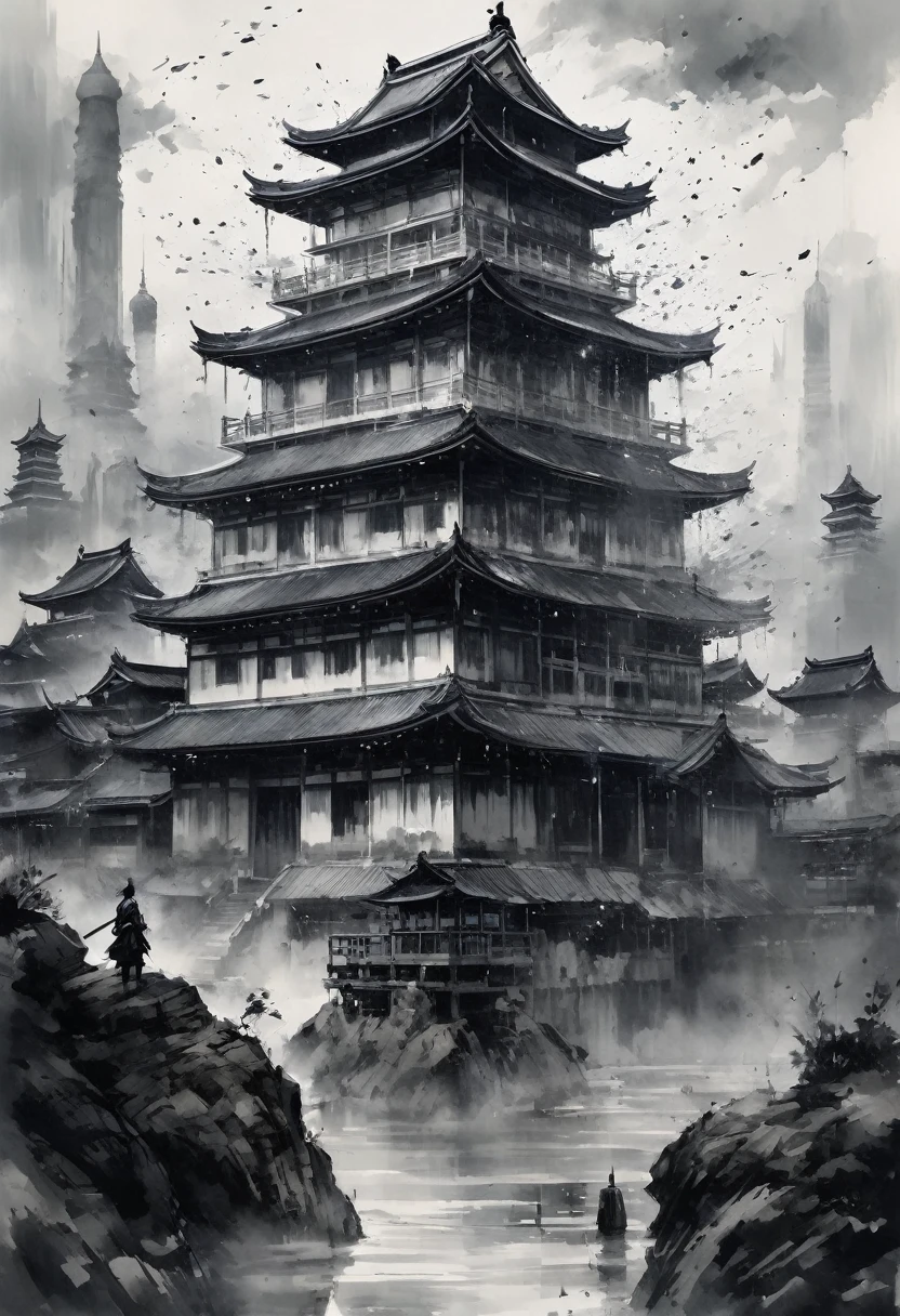Black and white painting,Ink Painting,splash,(whole body,indian style,harakiri),detailed beautiful face,(samurai armor),(Hairstyle:Mamba Hair),Japanese castle in the sky,