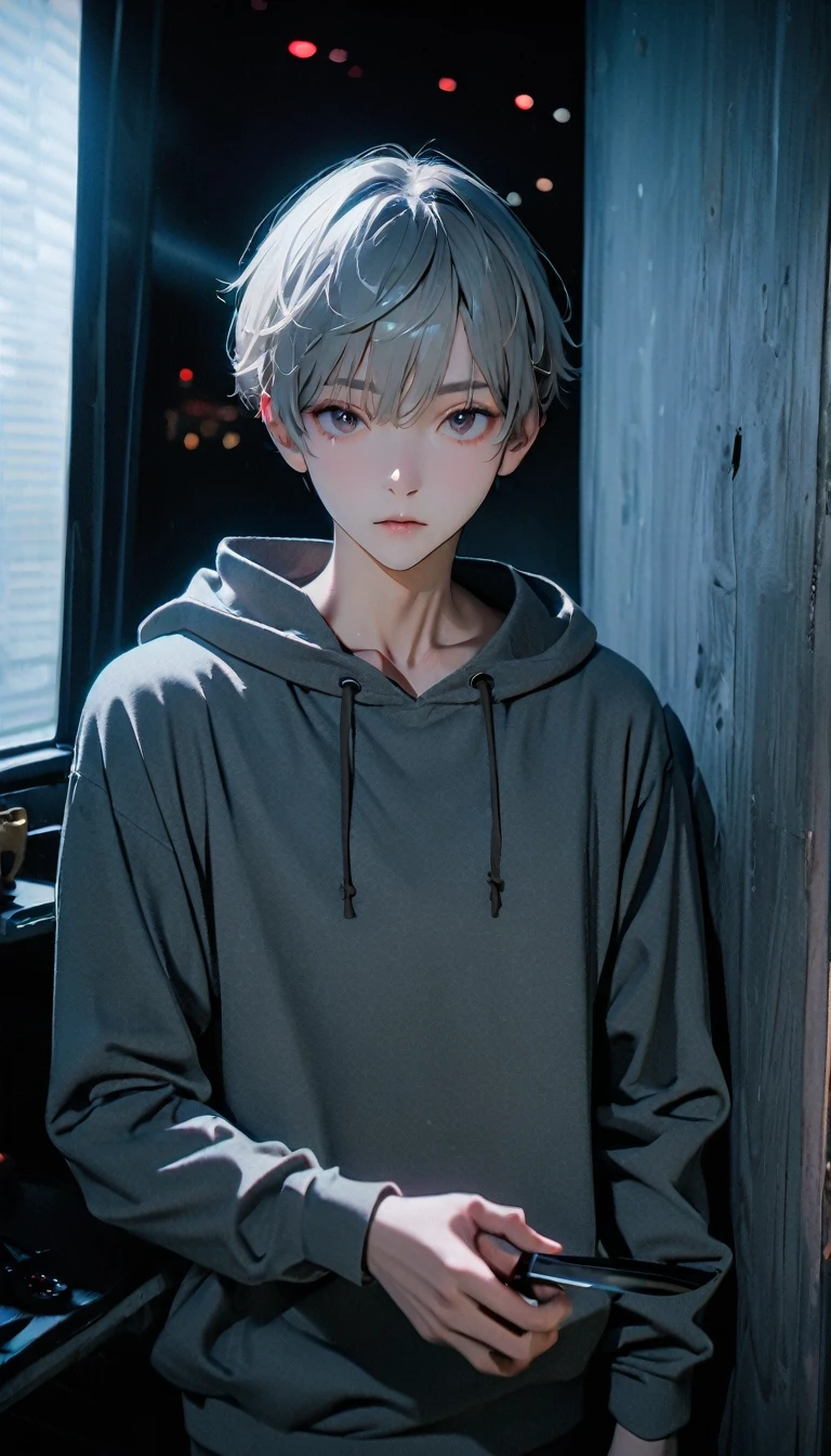 (8K, RAW photos, best quality, masterpiece: 1.4), (((boy standing in the dark)))，Ultra-high resolution, Extremely detailed, light, Desk lamp close-up, handsome boy, black eyes, (delicate eyes, Eyes are bright:1.2), Gray short hair, Fair skin,dark, Grey sweatshirt, sweatshirt with hood,(perfect anatomy:1.2), High-quality shadows, Natural Lighting, (White highlights:1.2), night, cloudy day, (Dark Space:1.2), (Boning knife in hand:1.2)