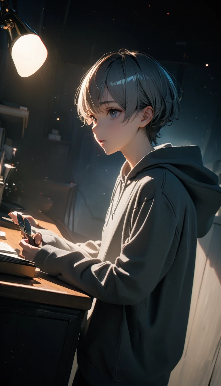 (8K, RAW photos, best quality, masterpiece: 1.4), (((boy standing in the dark))),Ultra-high resolution, Extremely detailed, light, Desk lamp close-up, handsome boy, black eyes, (delicate eyes, Eyes are bright:1.2), Gray short hair, Fair skin,dark, Grey sweatshirt, sweatshirt with hood,(perfect anatomy:1.2), High-quality shadows, Natural Lighting, (White highlights:1.2), night, cloudy day, (Dark Space:1.2), (Boning knife in hand:1.2)