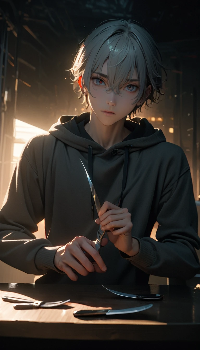 (8K, RAW photos, best quality, masterpiece: 1.4), (((boy standing in the dark))),Ultra-high resolution, Extremely detailed, light, Desk lamp close-up, handsome boy, black eyes, (delicate eyes, Eyes are bright:1.2), Gray short hair, Fair skin,dark, Grey sweatshirt, sweatshirt with hood,(perfect anatomy:1.2), High-quality shadows, Natural Lighting, (White highlights:1.2), night, cloudy day, (Dark Space:1.2), (Boning knife in hand:1.2)