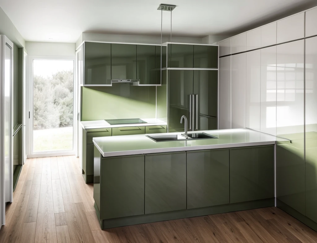 interior kitchen, modern style, timber floor, ((light army green and white cabinets)), silver fridge, sink, pendants, light, realistic photo, high quality photo, (masterpiece),(realistic: 1.2),