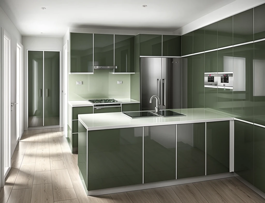 interior kitchen, modern style, timber floor, ((light army green and white cabinets)), silver fridge, sink, pendants, light, realistic photo, high quality photo, (masterpiece),(realistic: 1.2),