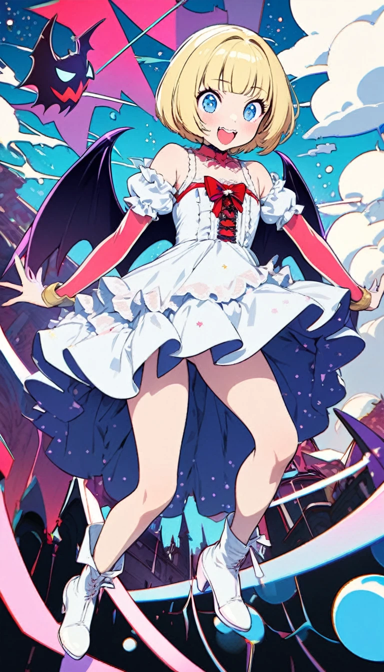 (masterpiece,best quality,ultra-detailed), an anime girl who is a playfully and sweet succubus. She has candy pink m-shaped bangs short hair with twin ponytails, ruby round eyes, fruit bat ears and wings, wearing a one-piece succubus costume, ankle straps, feet, flying in a playful pose in the sky, smile playfully, looking at viewer