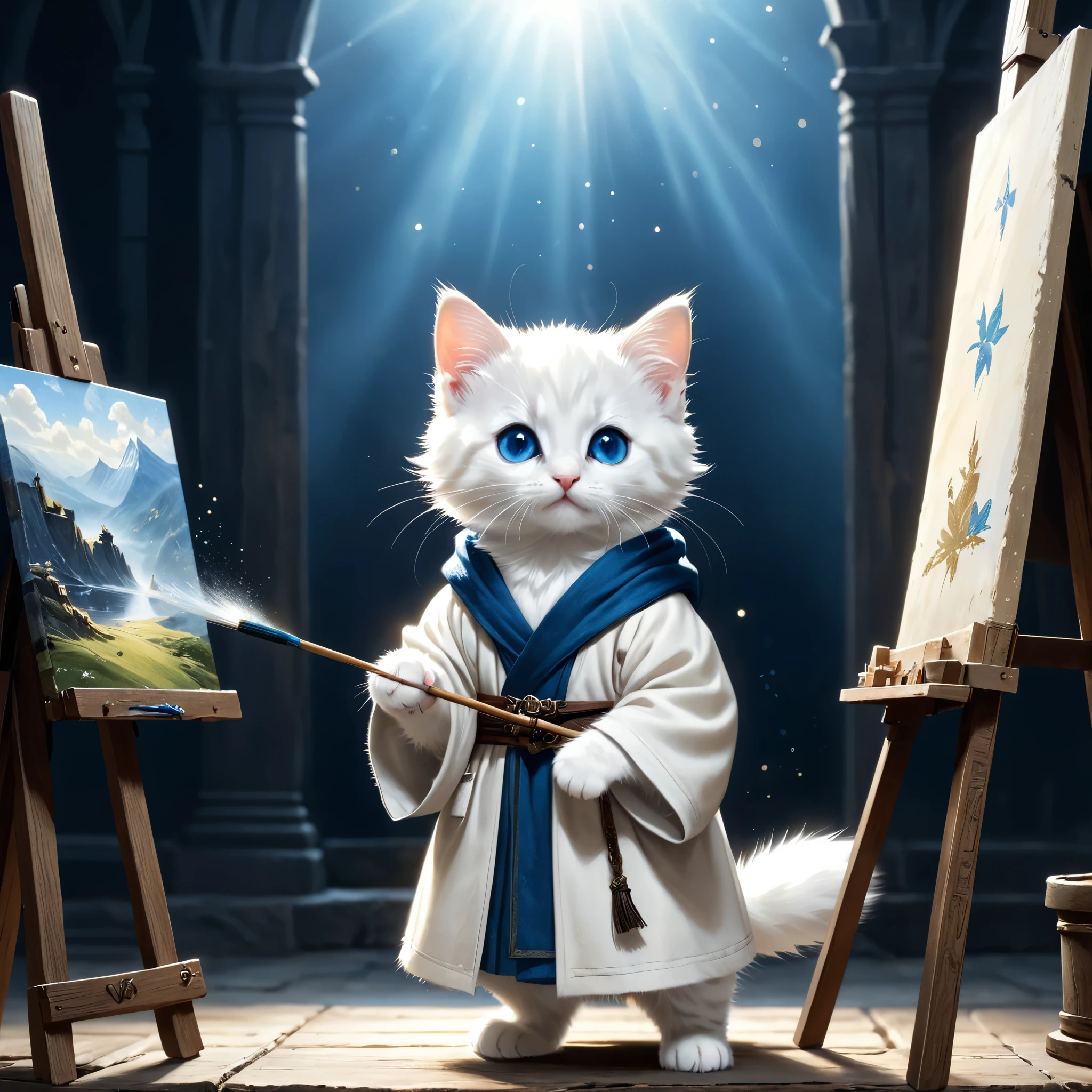 C4tt4stic, illustration of a small and cute creature, the historical background is medieval Europe, the small and cute creature is wearing a luxurious robe, the small and cute creature comes to Satoyama and sets up an easel to paint, fantasy art, exquisite details, Jean-Baptiste Monge style, Alan Lee style, anthropomorphic white kitten with blue eyes, movie scene, dramatic shot angle, atmospheric particles, realistic, raw cinematic photorealism, action portrait, 8k, detailed, full frame