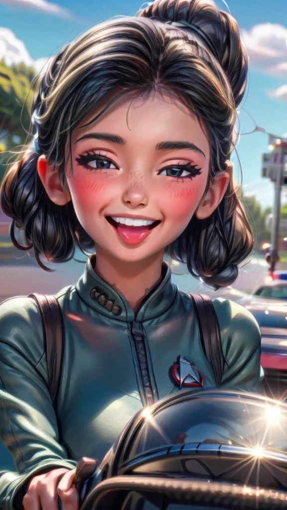 Girl riding a big bike、Drive through the city、Motion Blur、I smile at the car next to me as I pass.