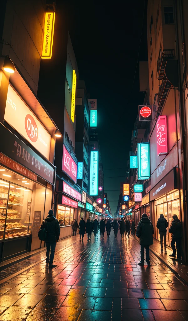 A pustling city street at night with neon signs, busy pedestrians, and reflections on wet pavement.