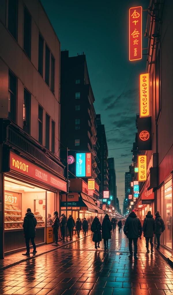 A pustling city street at night with neon signs, busy pedestrians, and reflections on wet pavement.