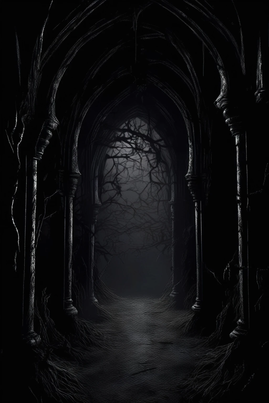 Dark Fantasy - Gothic scene with pure black background with a little horror atmosphere black shadows