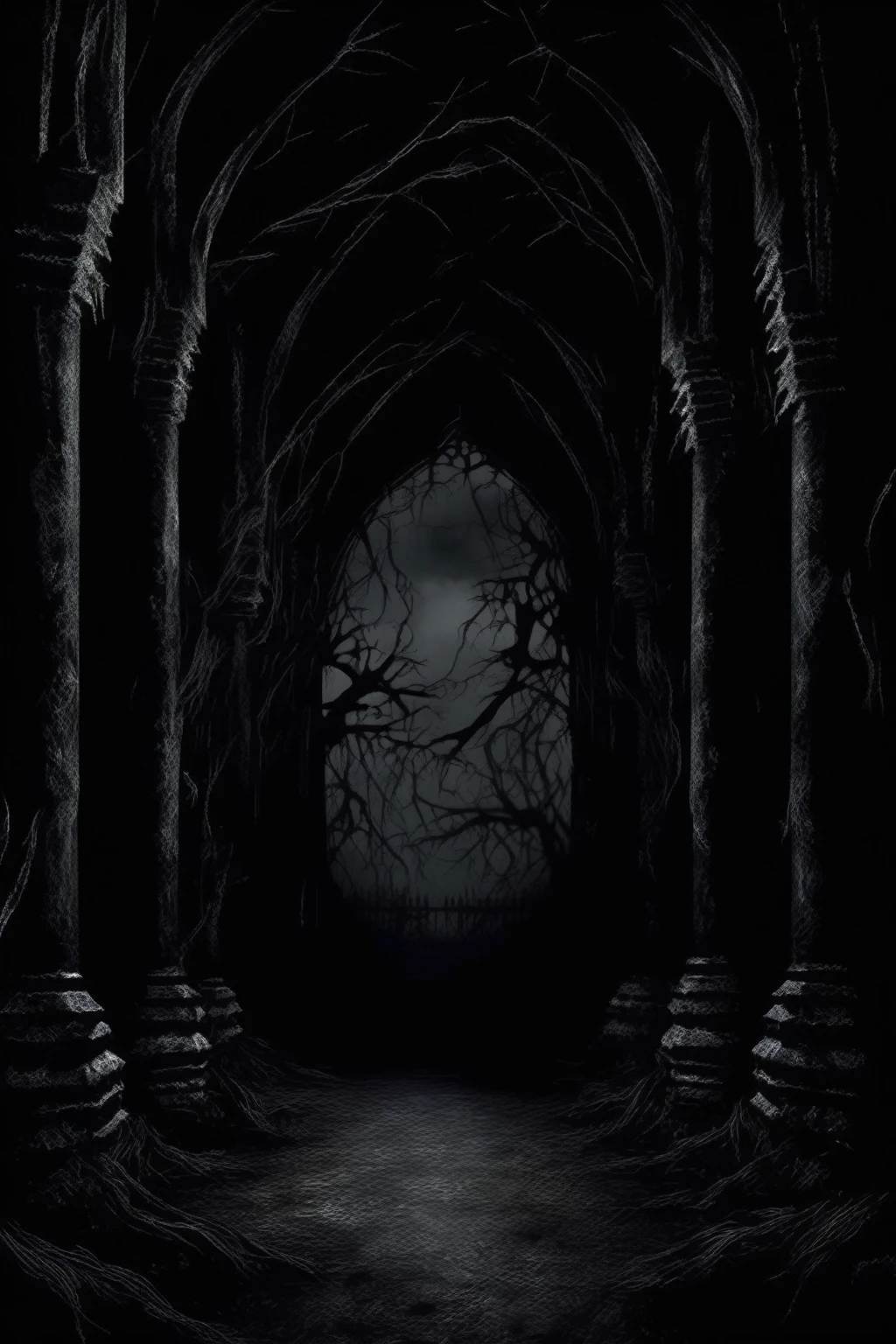 Dark Fantasy - Gothic scene with pure black background with a little horror atmosphere black shadows