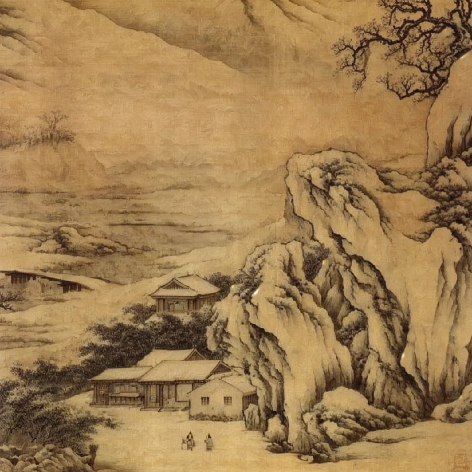 A close-up of a painting，There is a mountain in the painting，There is a house in the background, traditional Chinese painting style, inspired by Zhang Shunzi, inspired by Shen Shichong, Classical landscape painting, Inspired by Wang Shishen, Chinese scenery, author