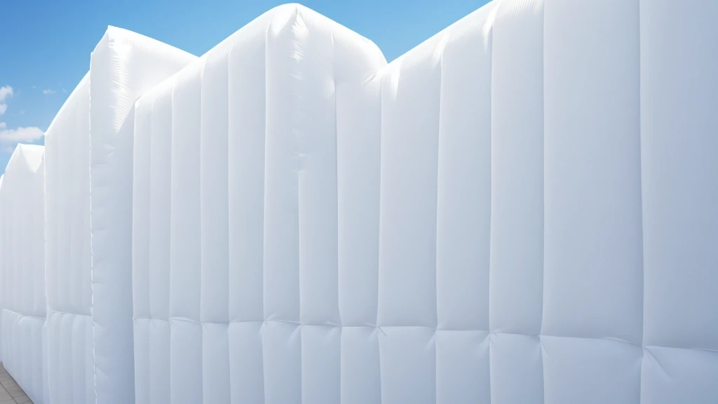 A wall composed of inflatable blocks,Realistic of a inflatable installation in the shape, white inflatable plastic film material, wrapped in a white polyester sheet. close-up,Front view,minimalist, most best quality,32K Ultra HD, super detail, best quality, highres, high details,Top view